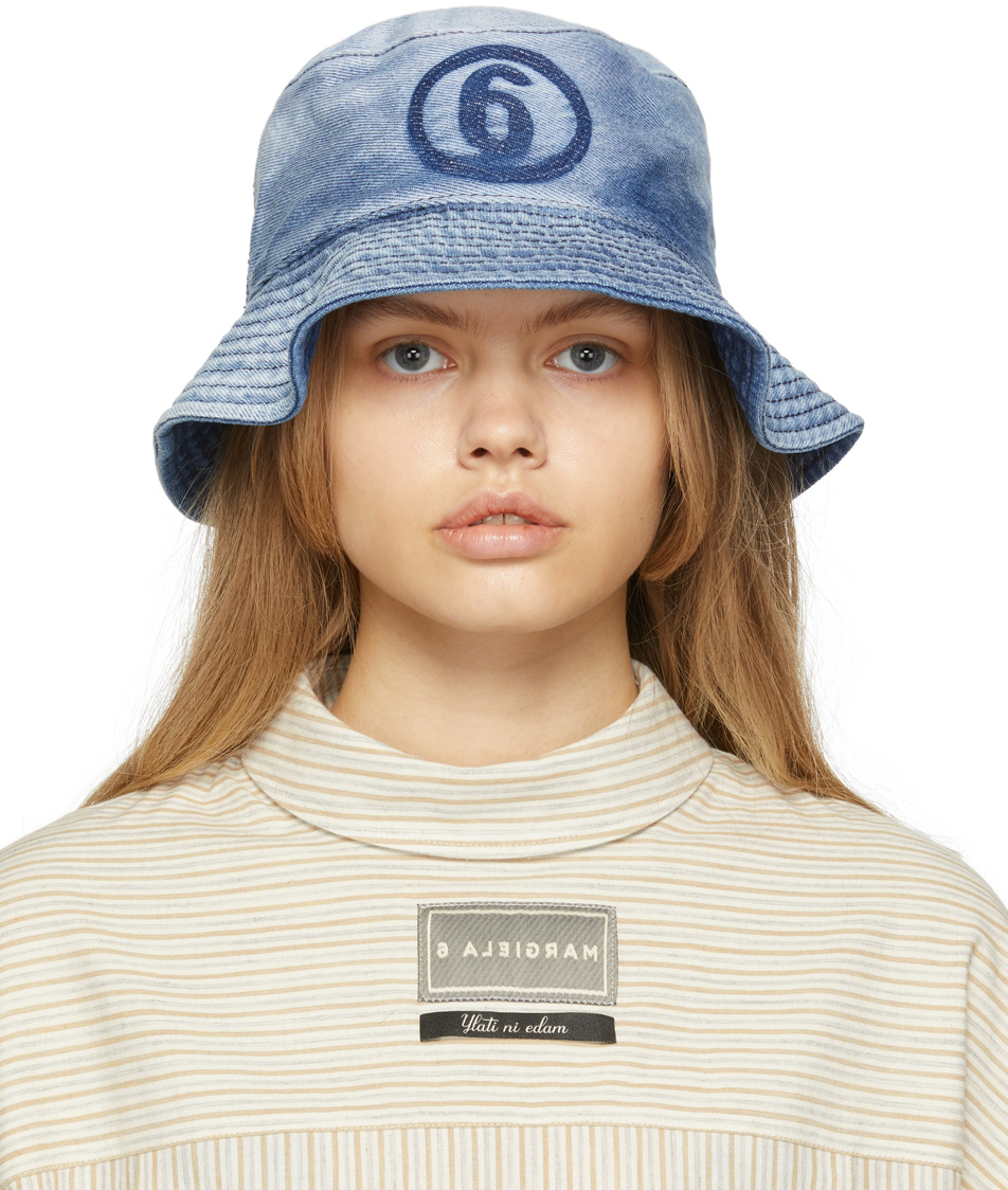 MM6 Maison Margiela SSENSE Exclusive Blue Denim Logo Bucket Hat