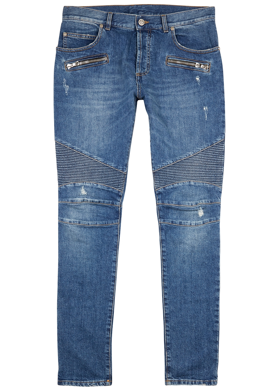 Blue distressed slim-leg jeans