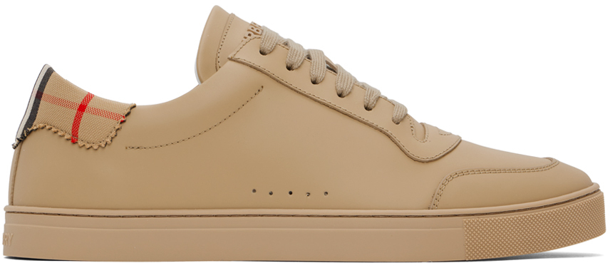 Burberry Beige Leather & Check Cotton Sneakers